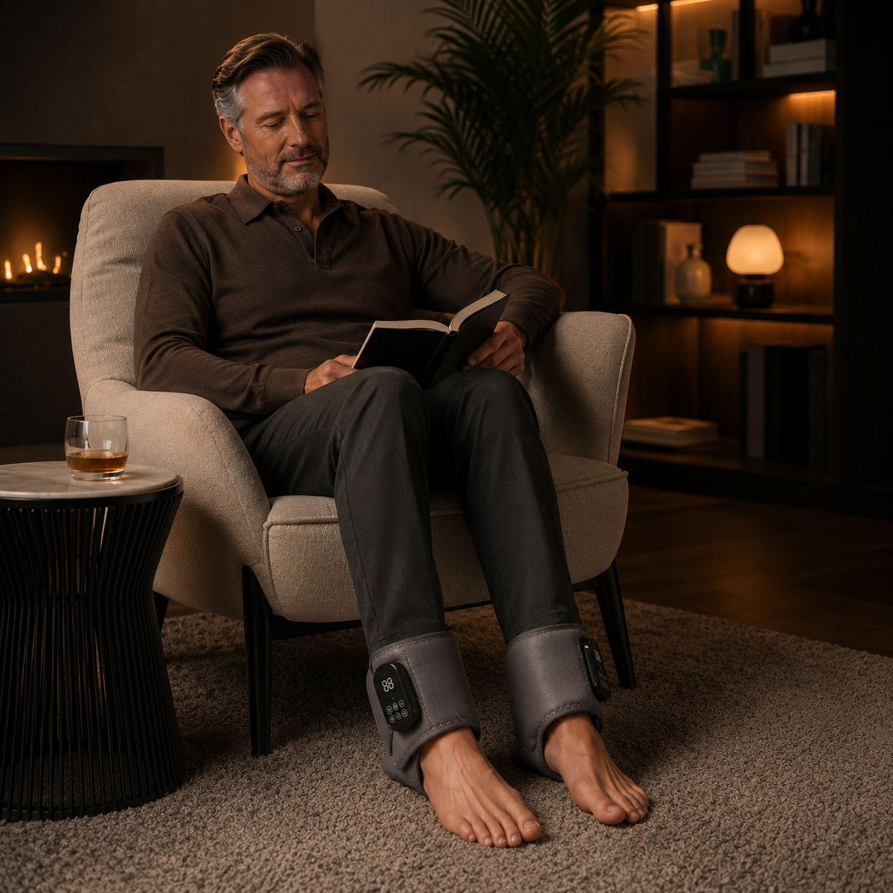 Man relaxing with EMSense on both feet